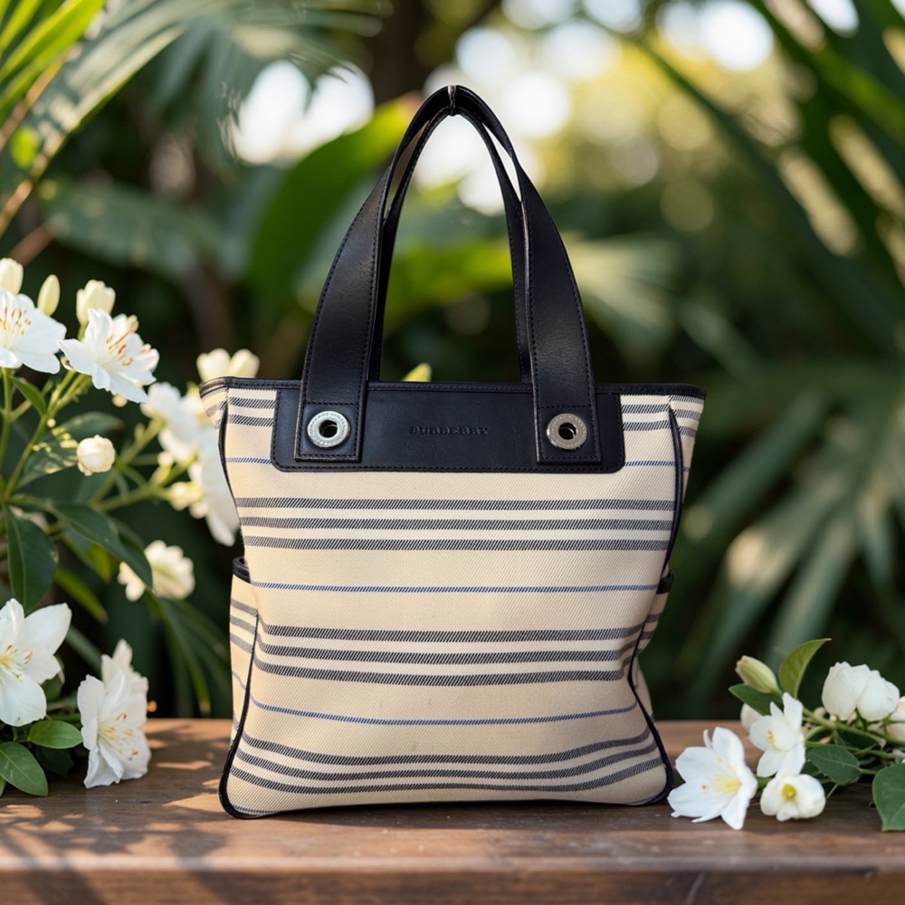 Burberry Striped Canvas & Navy Leather Tote Bag (A272)